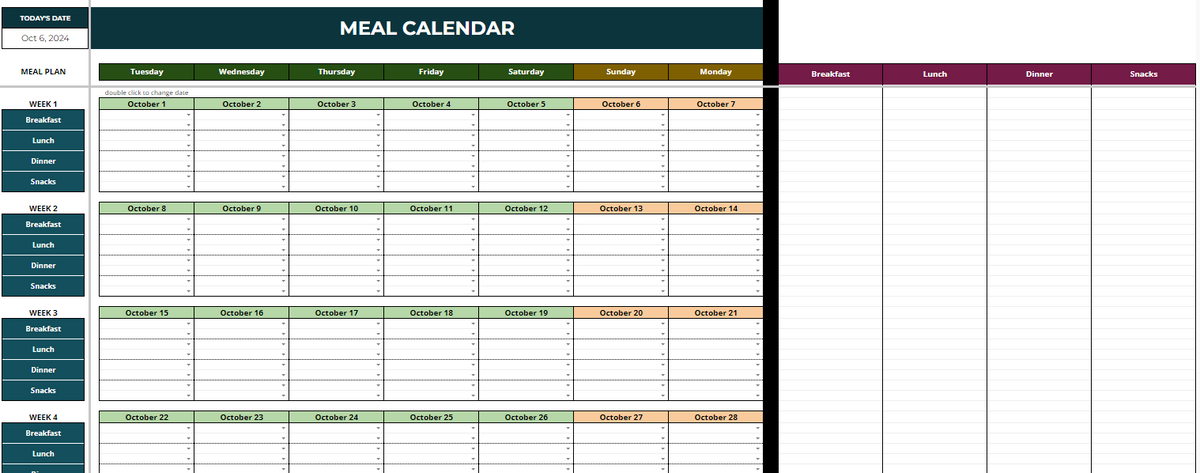 Monthly Meal Calendar