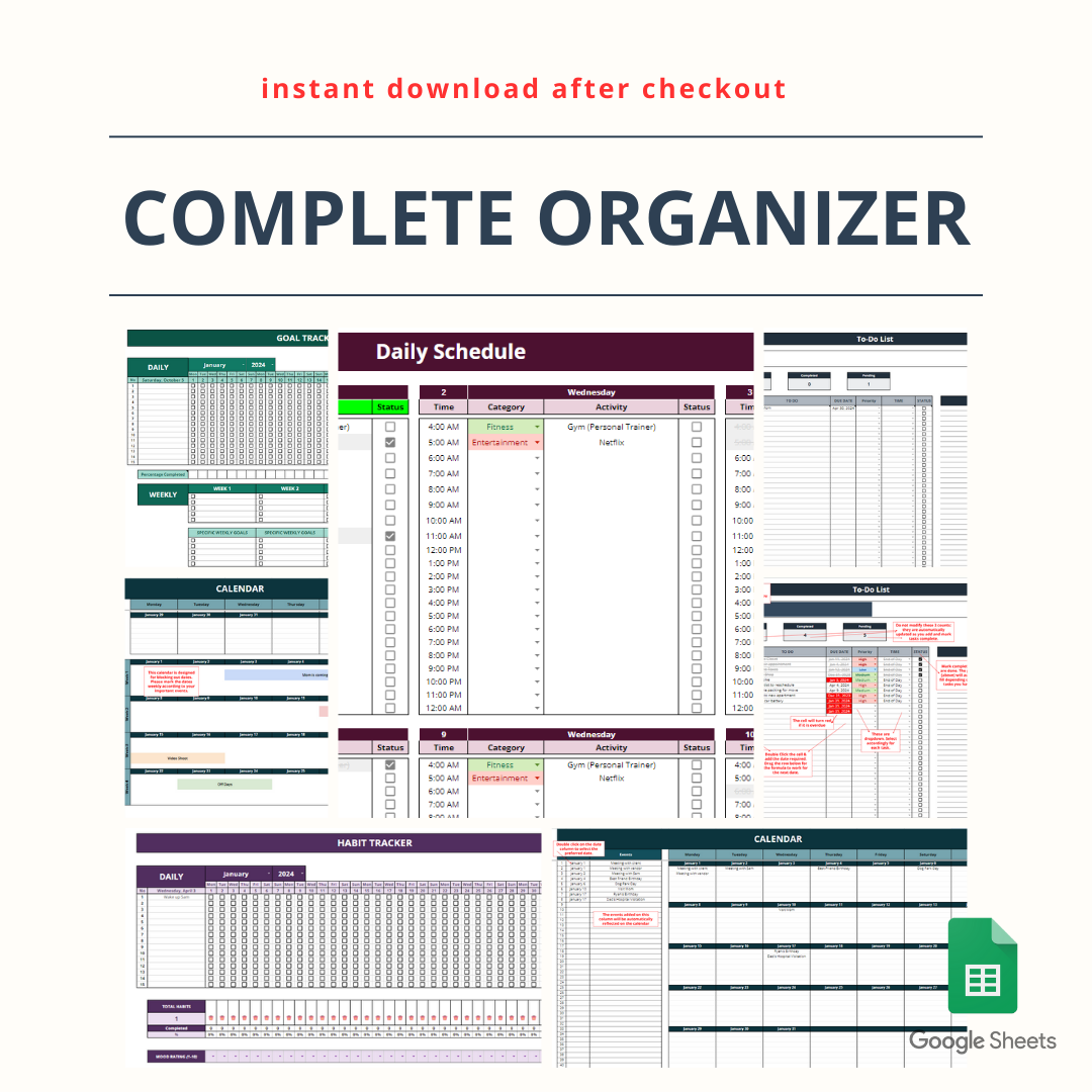The Complete Organizer [Daily Schedule, To-do List, Habit Tracker, Goal Tracker & Calendar Overview]