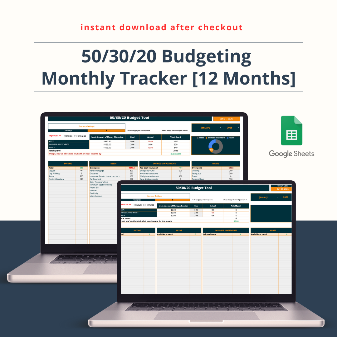 50/30/20 Budgeting Monthly Tracker [12 Months]