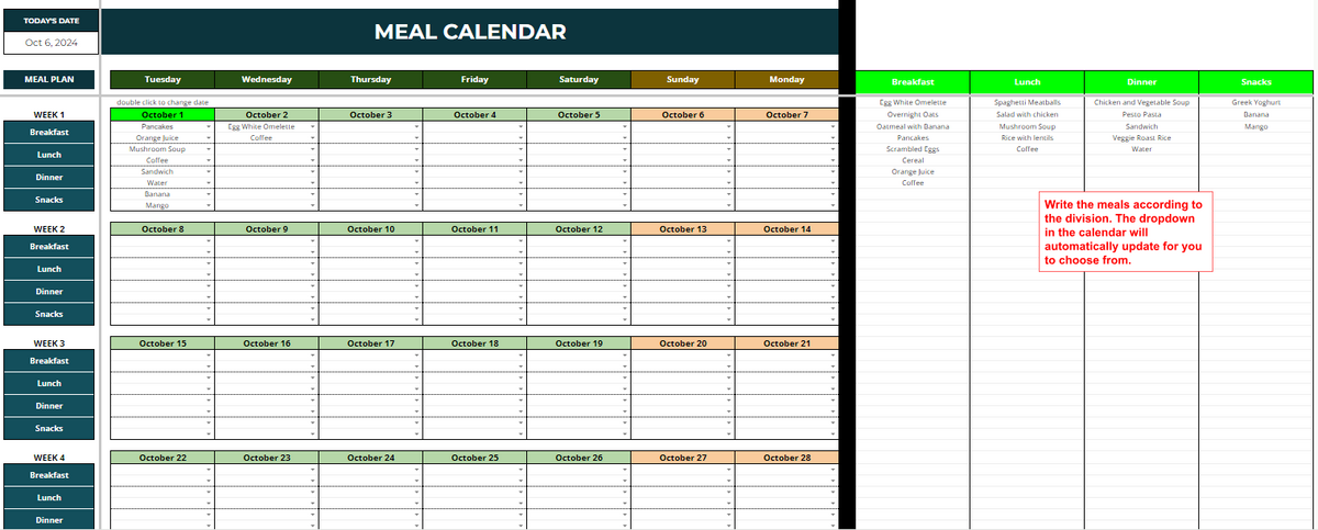 Monthly Meal Calendar