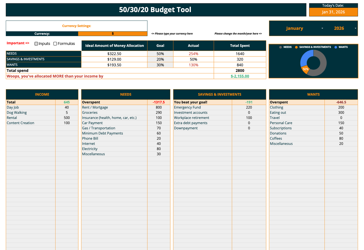 50/30/20 Budgeting Monthly Tracker [12 Months]